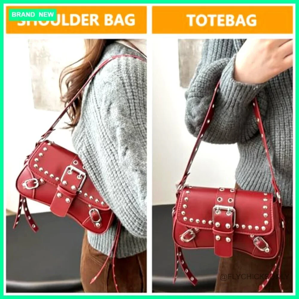 Studded Rivet Punk Hobo Shoulder Bag PU Leather Small Clutch Purse
